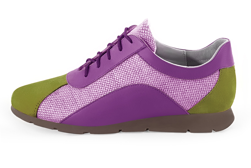 Pistachio green, hot pink and mauve purple women's open back shoes. Round toe. Flat rubber soles. Profile view - Florence KOOIJMAN